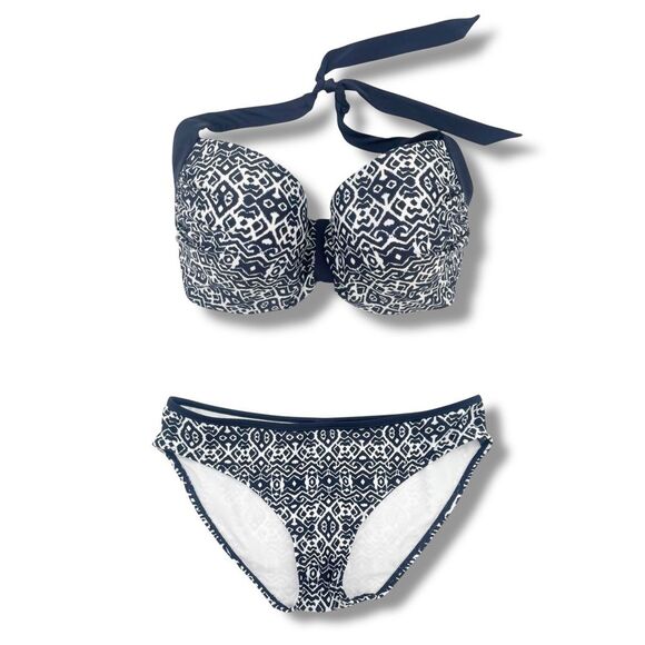 NWT Panache Swim Sia Bikini Set 32G Top & Small Bottom Navy White Ikat Print NEW - Picture 1 of 16
